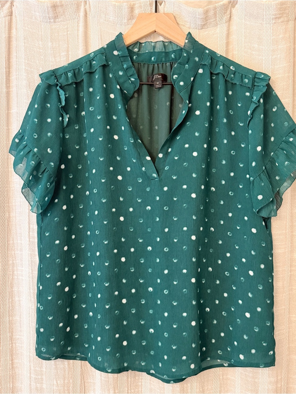 J. Crew Green Ruffle Dot Blouse Medium